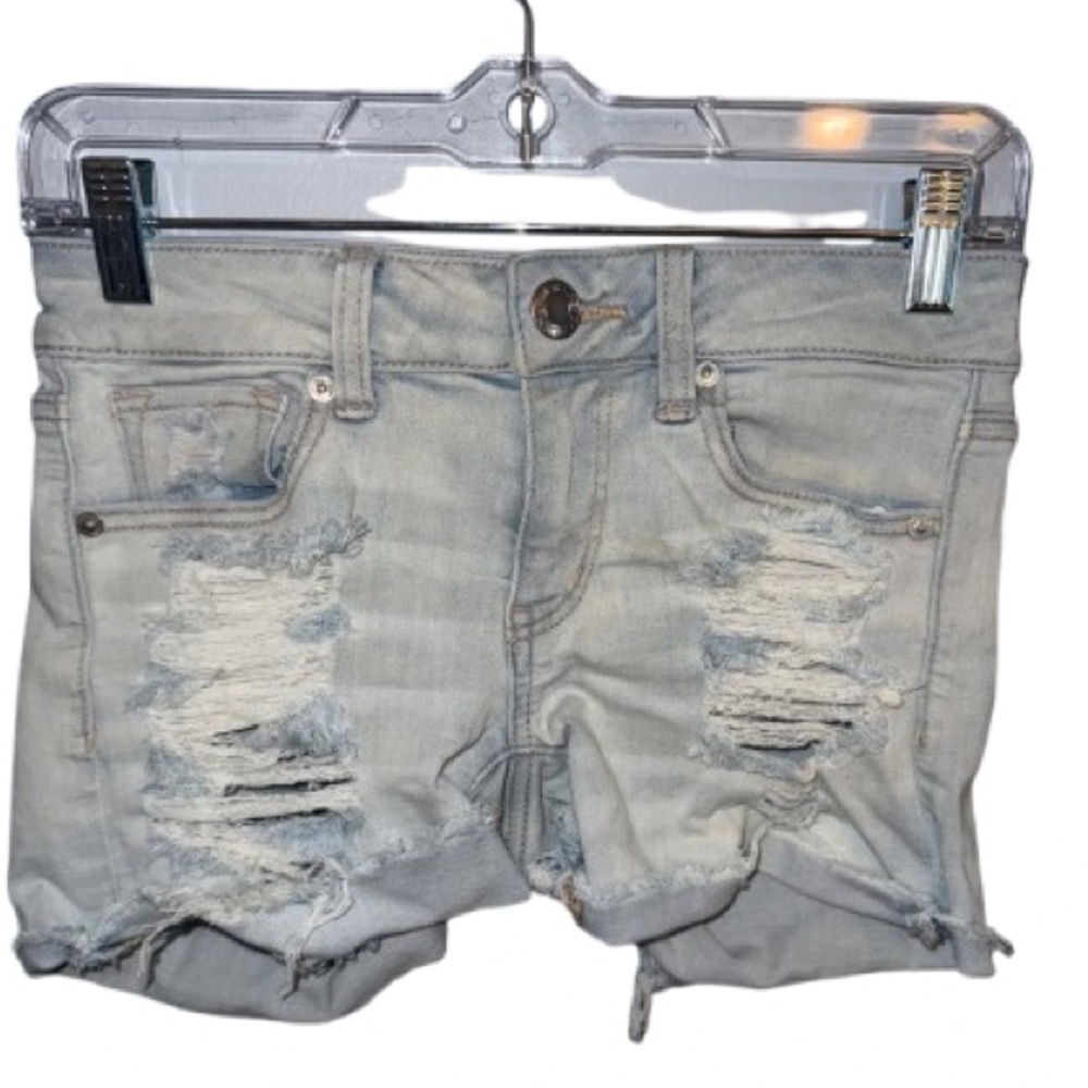 ~American eagle Light Blue Distressed Jean Shorts Raw Hem